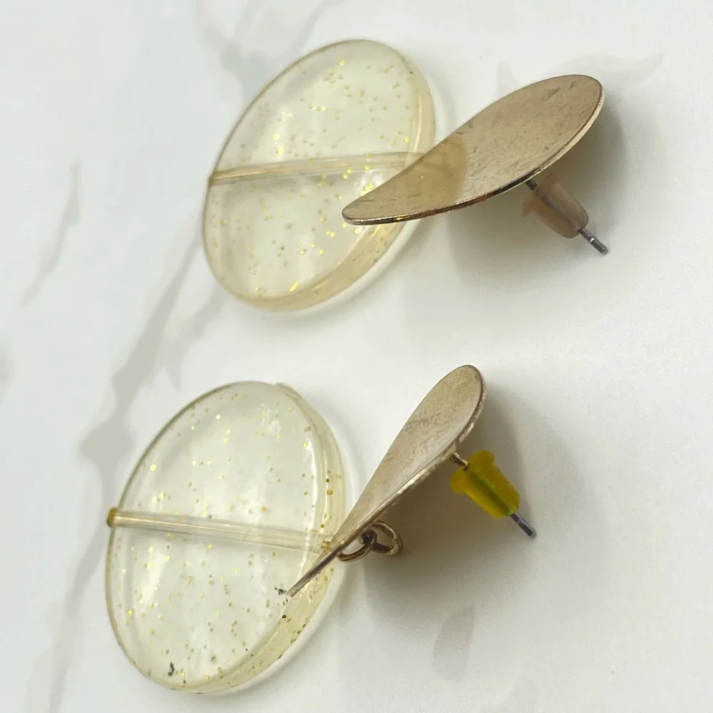 Vintage‎ Gold Tone Earrings Disc Drop Clear Glitter Acrylic Large Boho Statement